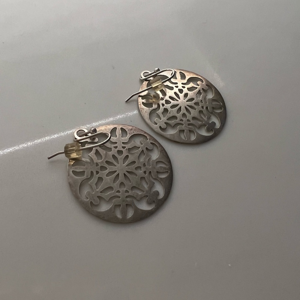 Silver Patterned Disc Drop Earrings